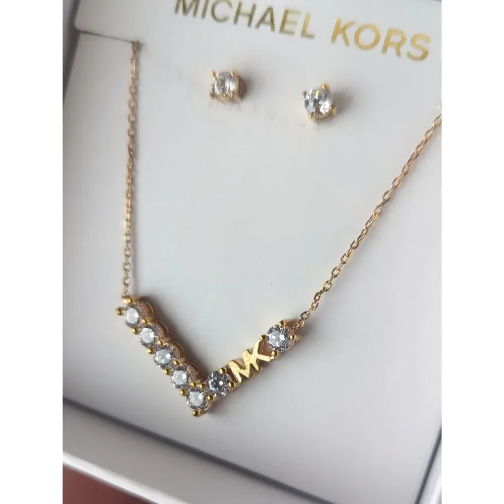 Michael Kors Rose Gold Necklace & Earrings Set  Crystal MK Pendant Jewelry